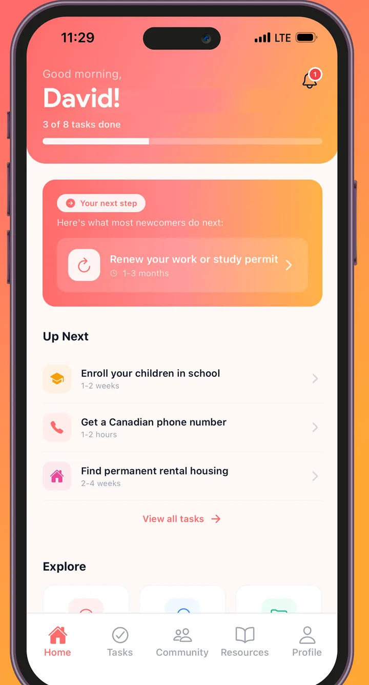 JustArrived home screen: Good morning, David! Your next step — renew your work or study permit — with more tasks up next.