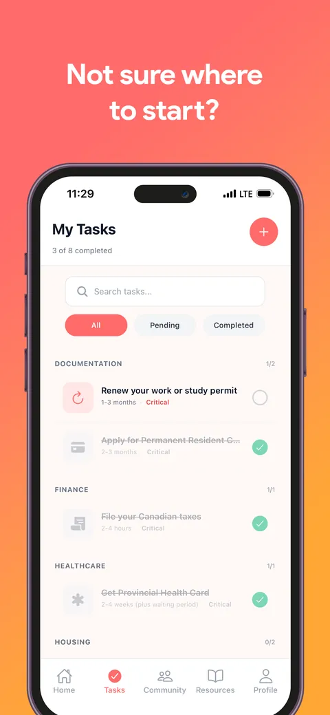 Not sure where to start? — your task list, grouped by category with progress